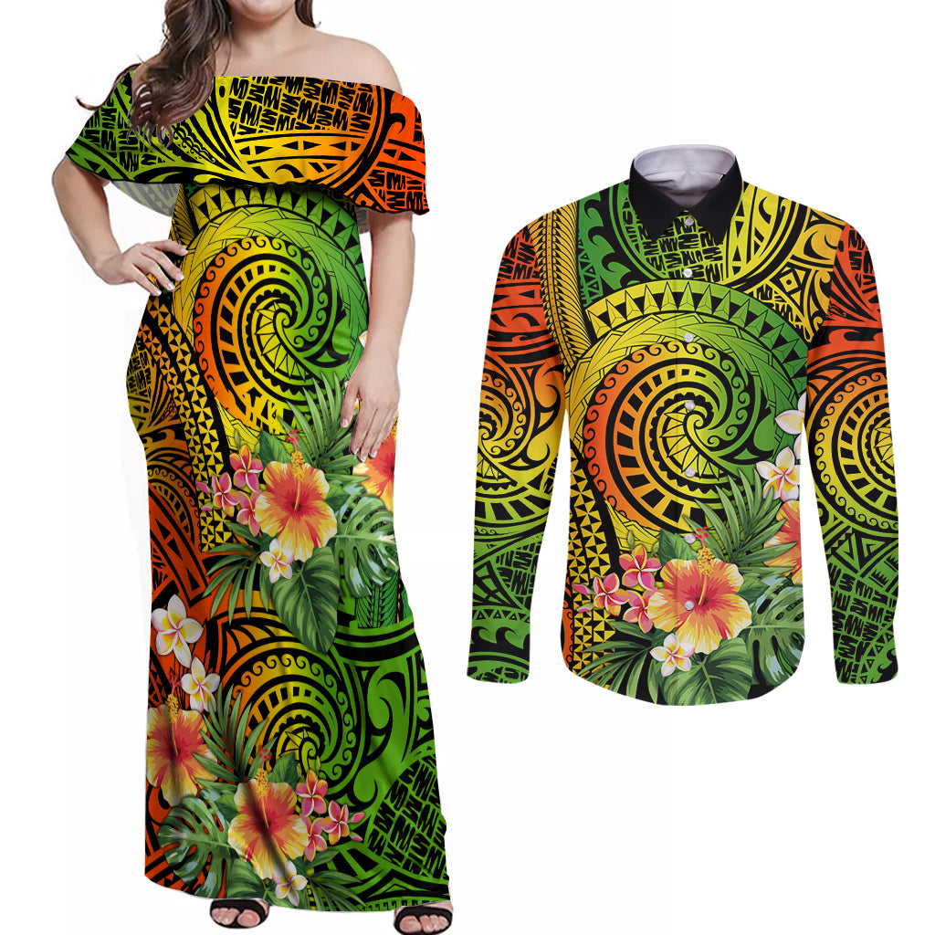 Polynesia Couples Matching Off Shoulder Maxi Dress and Long Sleeve Button Shirt Pasifika Tribal with Tropical Flowers LT9 - Wonder Print Shop