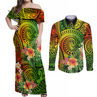 Polynesia Couples Matching Off Shoulder Maxi Dress and Long Sleeve Button Shirt Pasifika Tribal with Tropical Flowers LT9 - Wonder Print Shop