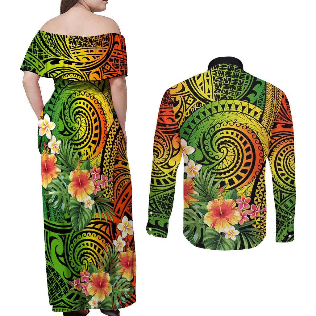 Polynesia Couples Matching Off Shoulder Maxi Dress and Long Sleeve Button Shirt Pasifika Tribal with Tropical Flowers LT9 - Wonder Print Shop