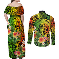 Polynesia Couples Matching Off Shoulder Maxi Dress and Long Sleeve Button Shirt Pasifika Tribal with Tropical Flowers LT9 - Wonder Print Shop