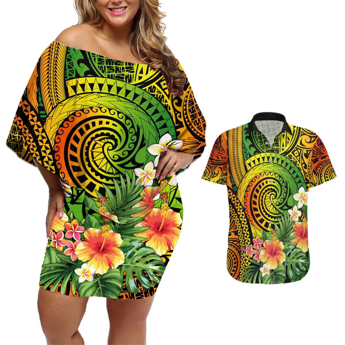 Polynesia Couples Matching Off Shoulder Short Dress and Hawaiian Shirt Pasifika Tribal with Tropical Flowers LT9 - Wonder Print Shop