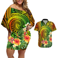 Polynesia Couples Matching Off Shoulder Short Dress and Hawaiian Shirt Pasifika Tribal with Tropical Flowers LT9 - Wonder Print Shop