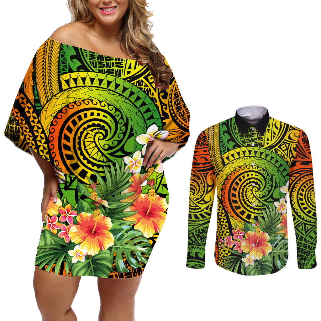 Polynesia Couples Matching Off Shoulder Short Dress and Long Sleeve Button Shirt Pasifika Tribal with Tropical Flowers LT9 - Wonder Print Shop