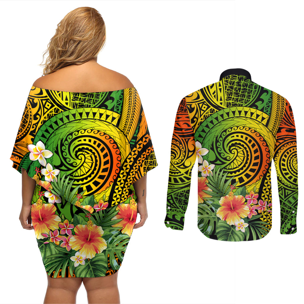 Polynesia Couples Matching Off Shoulder Short Dress and Long Sleeve Button Shirt Pasifika Tribal with Tropical Flowers LT9 - Wonder Print Shop