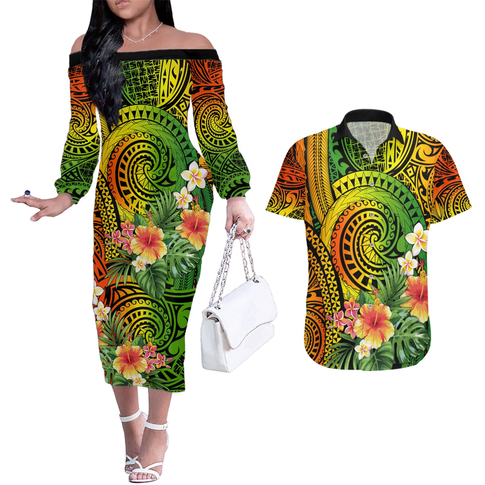 Polynesia Couples Matching Off The Shoulder Long Sleeve Dress and Hawaiian Shirt Pasifika Tribal with Tropical Flowers LT9 - Wonder Print Shop