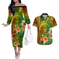 Polynesia Couples Matching Off The Shoulder Long Sleeve Dress and Hawaiian Shirt Pasifika Tribal with Tropical Flowers LT9 - Wonder Print Shop