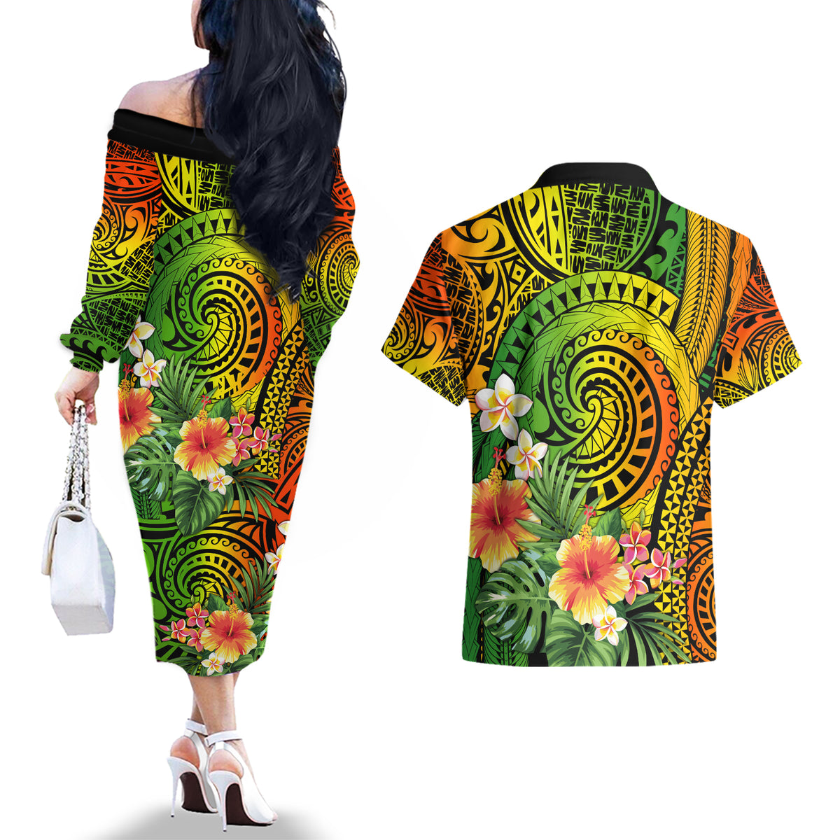 Polynesia Couples Matching Off The Shoulder Long Sleeve Dress and Hawaiian Shirt Pasifika Tribal with Tropical Flowers LT9 - Wonder Print Shop