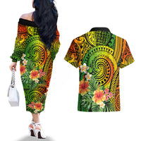 Polynesia Couples Matching Off The Shoulder Long Sleeve Dress and Hawaiian Shirt Pasifika Tribal with Tropical Flowers LT9 - Wonder Print Shop
