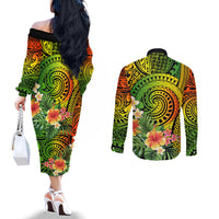 polynesia-couples-matching-off-the-shoulder-long-sleeve-dress-and-long-sleeve-button-shirt-pasifika-tribal-with-tropical-flowers