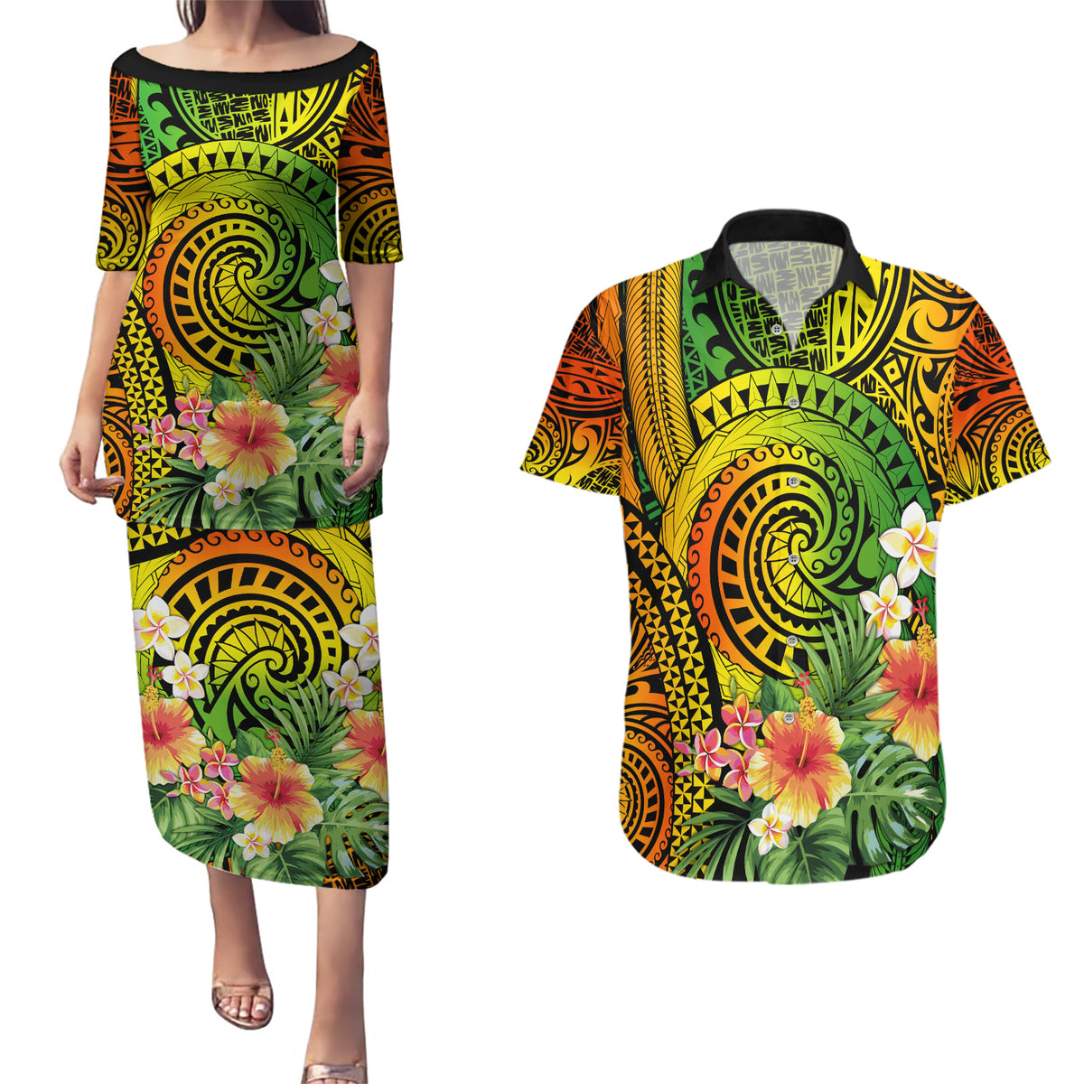 Polynesia Couples Matching Puletasi Dress and Hawaiian Shirt Pasifika Tribal with Tropical Flowers LT9 - Wonder Print Shop