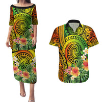 Polynesia Couples Matching Puletasi Dress and Hawaiian Shirt Pasifika Tribal with Tropical Flowers LT9 - Wonder Print Shop