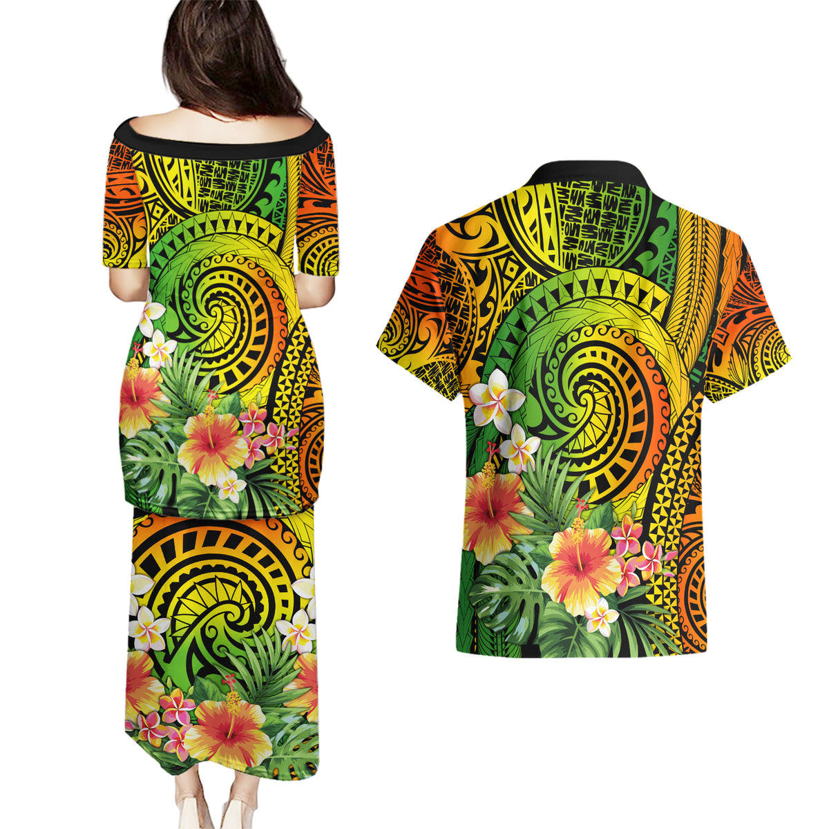 Polynesia Couples Matching Puletasi Dress and Hawaiian Shirt Pasifika Tribal with Tropical Flowers LT9 - Wonder Print Shop