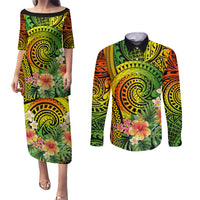 Polynesia Couples Matching Puletasi Dress and Long Sleeve Button Shirt Pasifika Tribal with Tropical Flowers LT9 - Wonder Print Shop