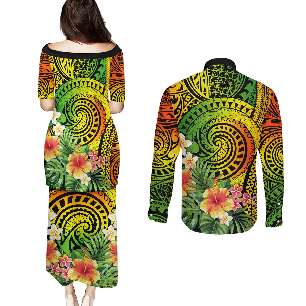 Polynesia Couples Matching Puletasi Dress and Long Sleeve Button Shirt Pasifika Tribal with Tropical Flowers LT9 - Wonder Print Shop