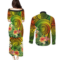 Polynesia Couples Matching Puletasi Dress and Long Sleeve Button Shirt Pasifika Tribal with Tropical Flowers LT9 - Wonder Print Shop