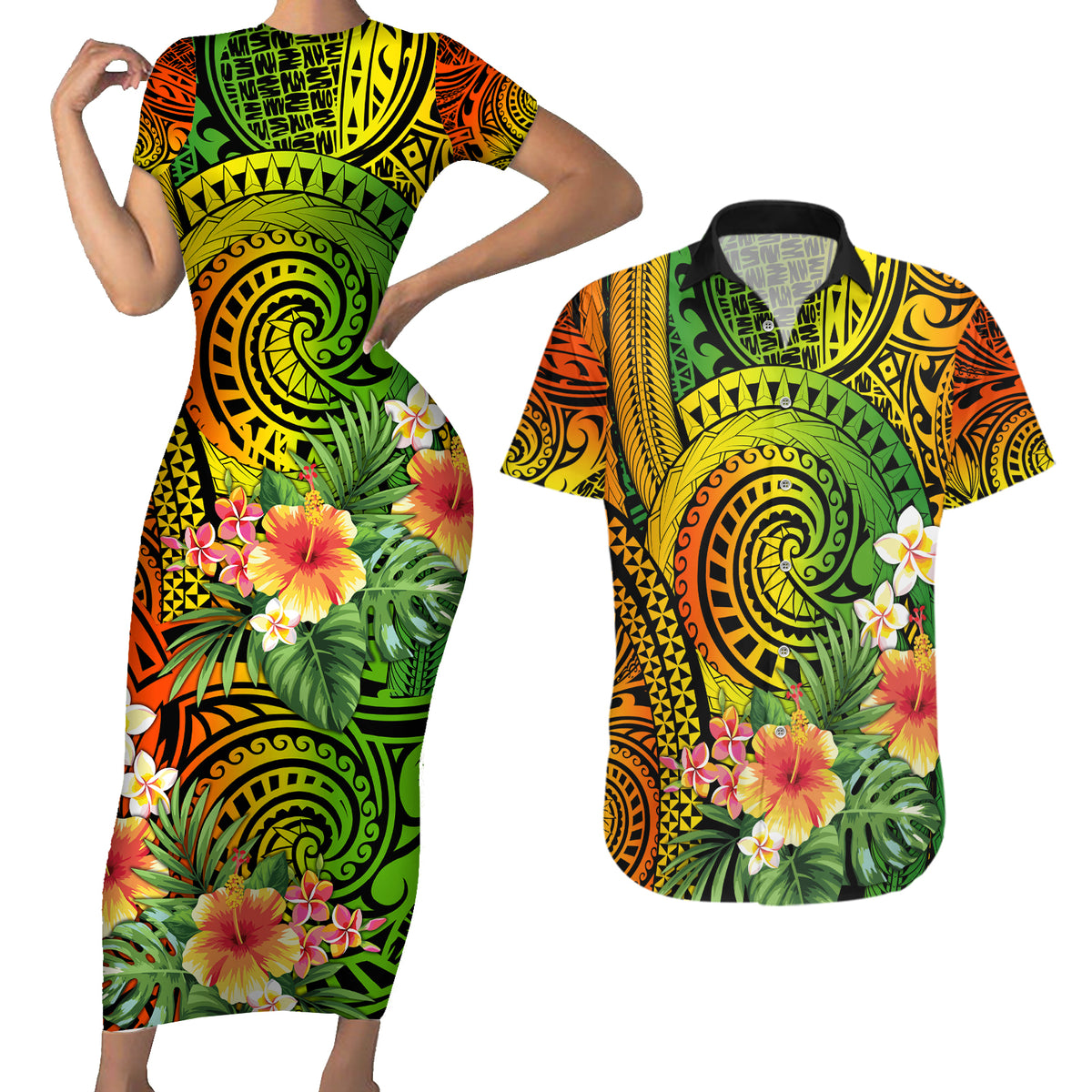 Polynesia Couples Matching Short Sleeve Bodycon Dress and Hawaiian Shirt Pasifika Tribal with Tropical Flowers LT9 - Wonder Print Shop