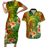 Polynesia Couples Matching Short Sleeve Bodycon Dress and Hawaiian Shirt Pasifika Tribal with Tropical Flowers LT9 - Wonder Print Shop
