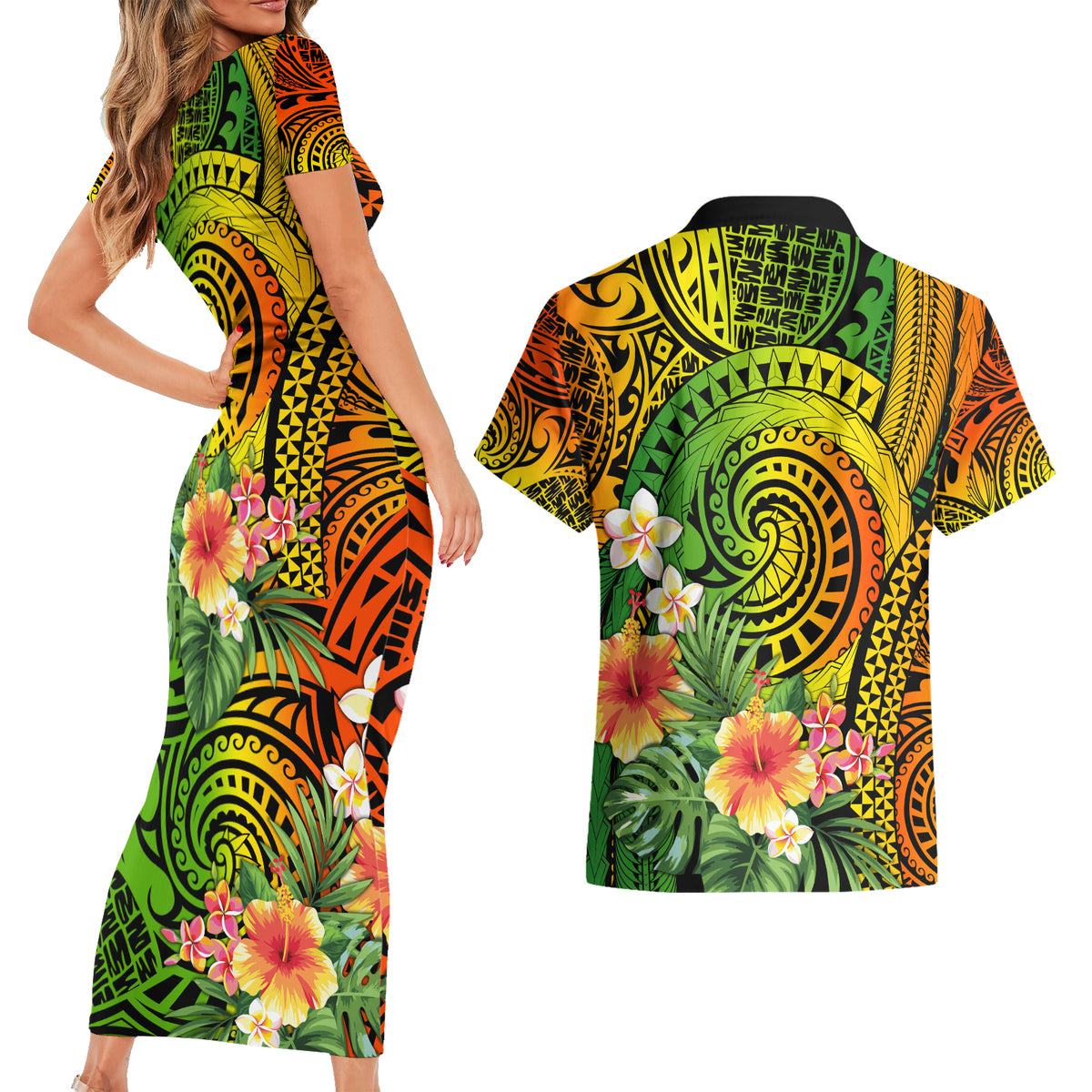 Polynesia Couples Matching Short Sleeve Bodycon Dress and Hawaiian Shirt Pasifika Tribal with Tropical Flowers LT9 - Wonder Print Shop
