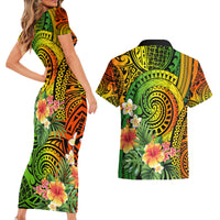 Polynesia Couples Matching Short Sleeve Bodycon Dress and Hawaiian Shirt Pasifika Tribal with Tropical Flowers LT9 - Wonder Print Shop
