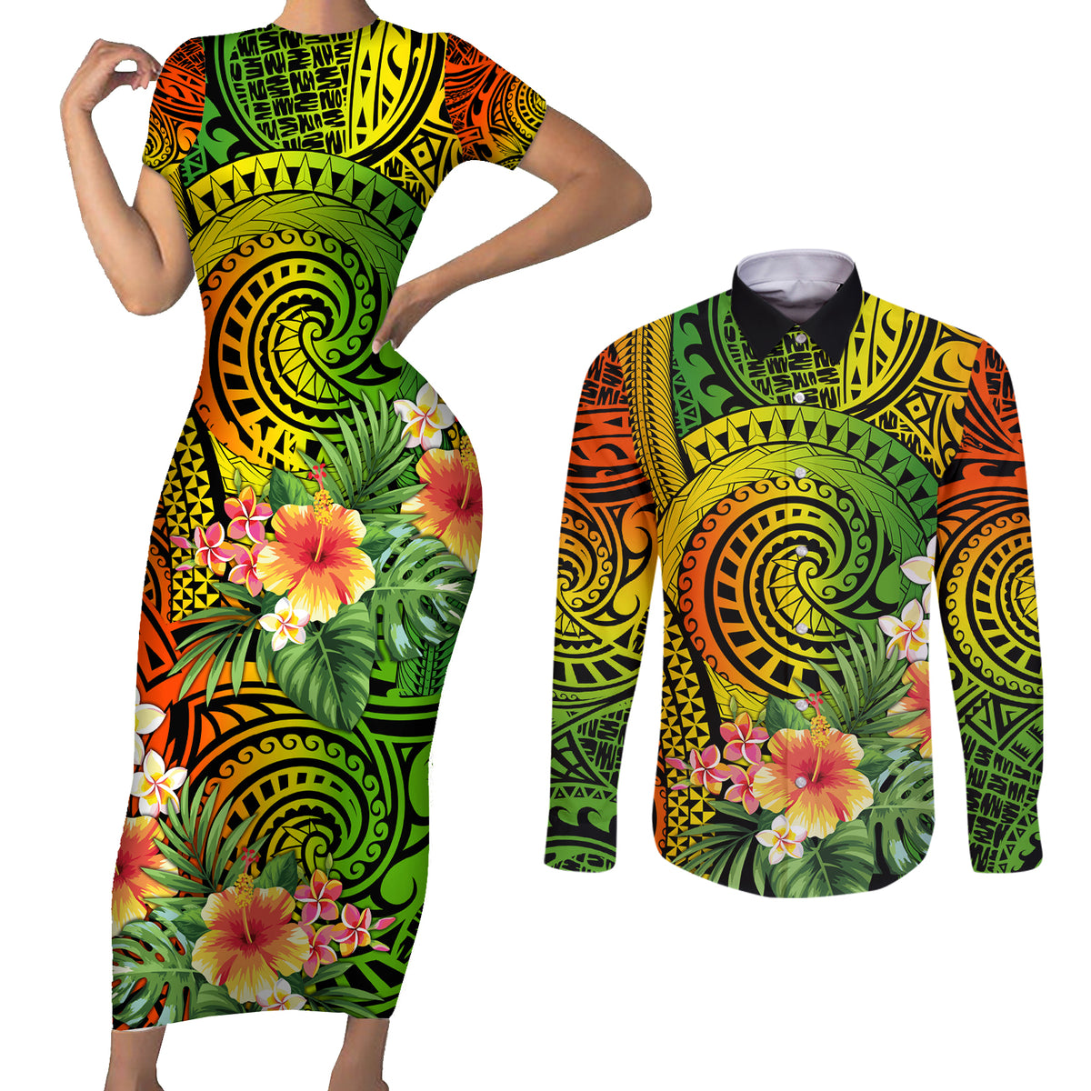 Polynesia Couples Matching Short Sleeve Bodycon Dress and Long Sleeve Button Shirt Pasifika Tribal with Tropical Flowers LT9 - Wonder Print Shop
