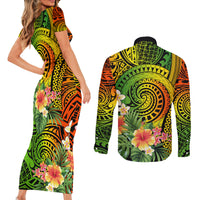 Polynesia Couples Matching Short Sleeve Bodycon Dress and Long Sleeve Button Shirt Pasifika Tribal with Tropical Flowers LT9 - Wonder Print Shop