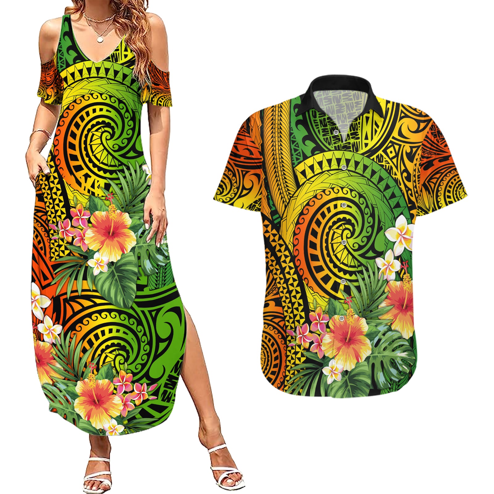Polynesia Couples Matching Summer Maxi Dress and Hawaiian Shirt Pasifika Tribal with Tropical Flowers LT9 - Wonder Print Shop