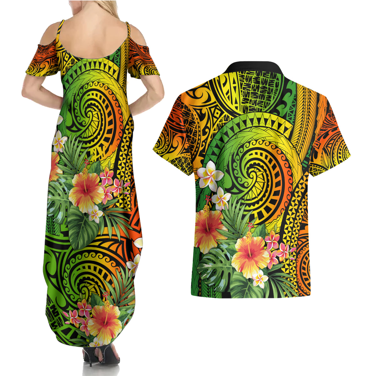 Polynesia Couples Matching Summer Maxi Dress and Hawaiian Shirt Pasifika Tribal with Tropical Flowers LT9 - Wonder Print Shop