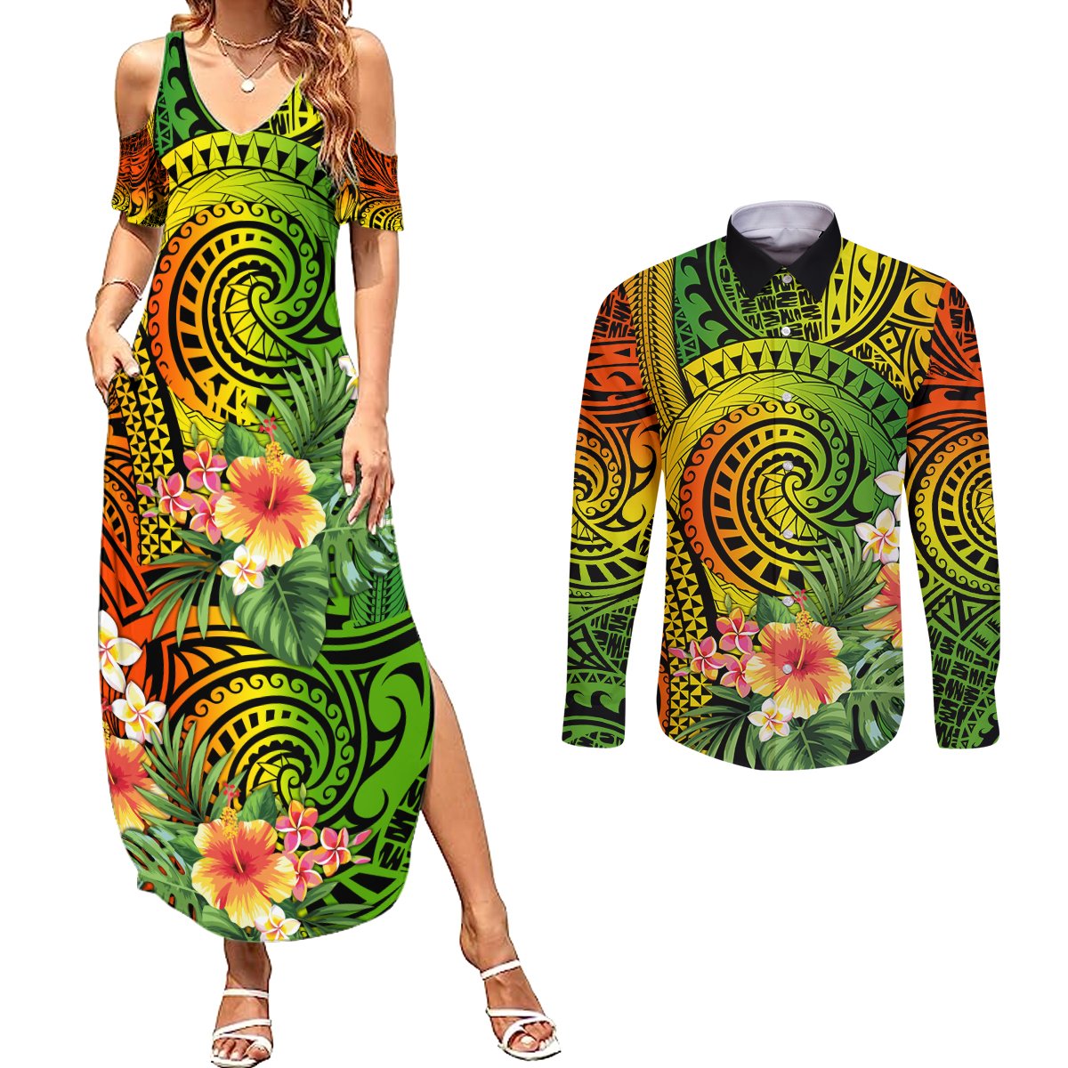 Polynesia Couples Matching Summer Maxi Dress and Long Sleeve Button Shirt Pasifika Tribal with Tropical Flowers LT9 - Wonder Print Shop