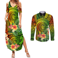 Polynesia Couples Matching Summer Maxi Dress and Long Sleeve Button Shirt Pasifika Tribal with Tropical Flowers LT9 - Wonder Print Shop