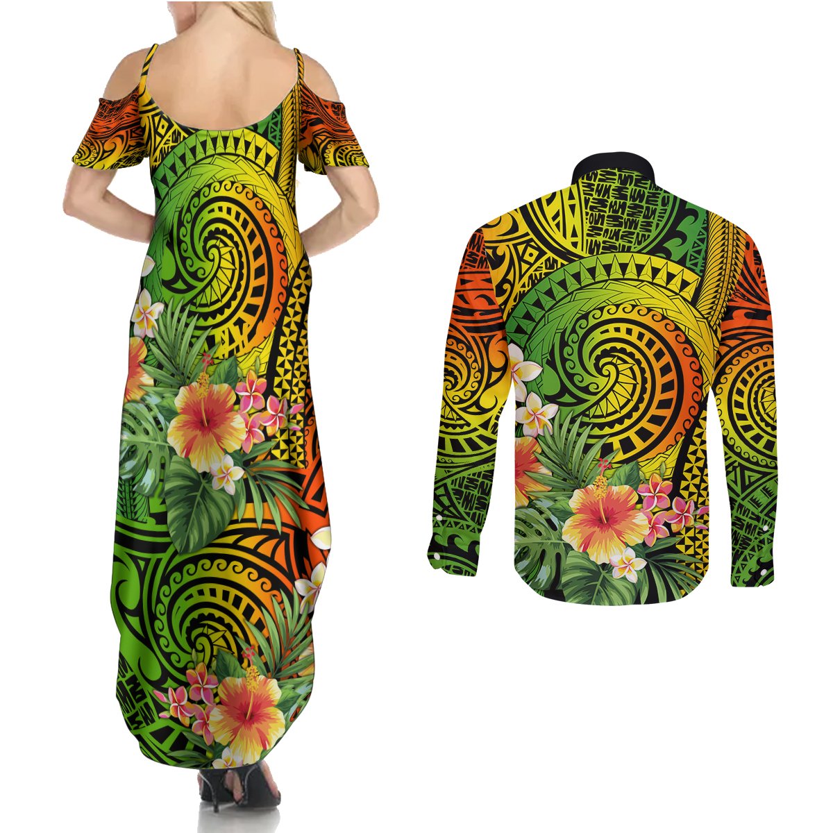 Polynesia Couples Matching Summer Maxi Dress and Long Sleeve Button Shirt Pasifika Tribal with Tropical Flowers LT9 - Wonder Print Shop