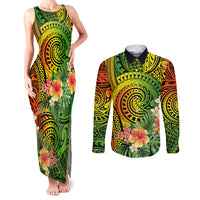 Polynesia Couples Matching Tank Maxi Dress and Long Sleeve Button Shirt Pasifika Tribal with Tropical Flowers LT9 - Wonder Print Shop