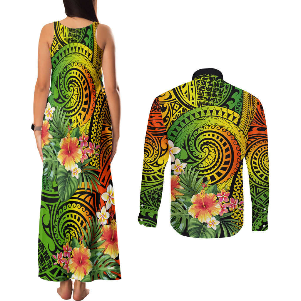 Polynesia Couples Matching Tank Maxi Dress and Long Sleeve Button Shirt Pasifika Tribal with Tropical Flowers LT9 - Wonder Print Shop