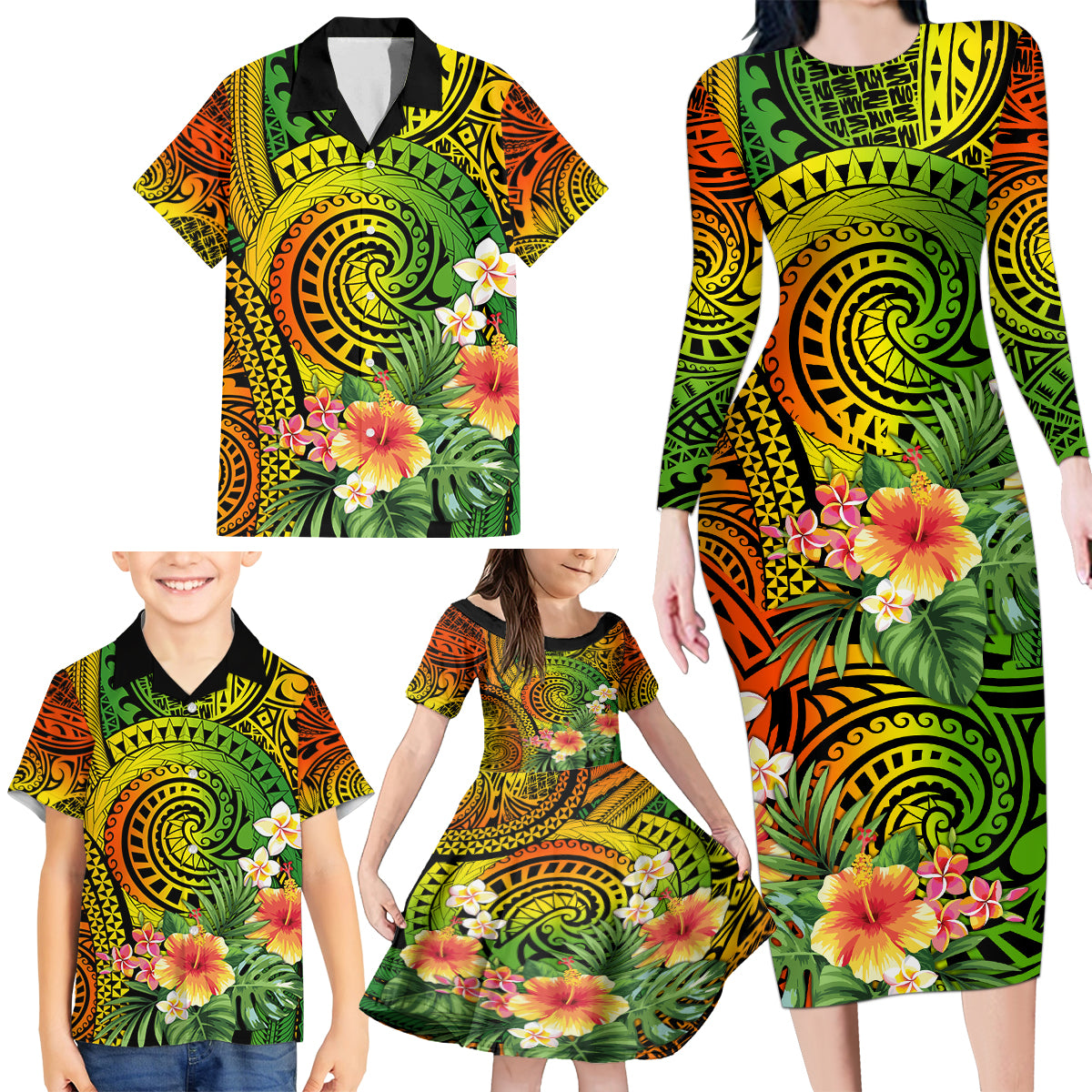 Polynesia Family Matching Long Sleeve Bodycon Dress and Hawaiian Shirt Pasifika Tribal with Tropical Flowers LT9 - Wonder Print Shop