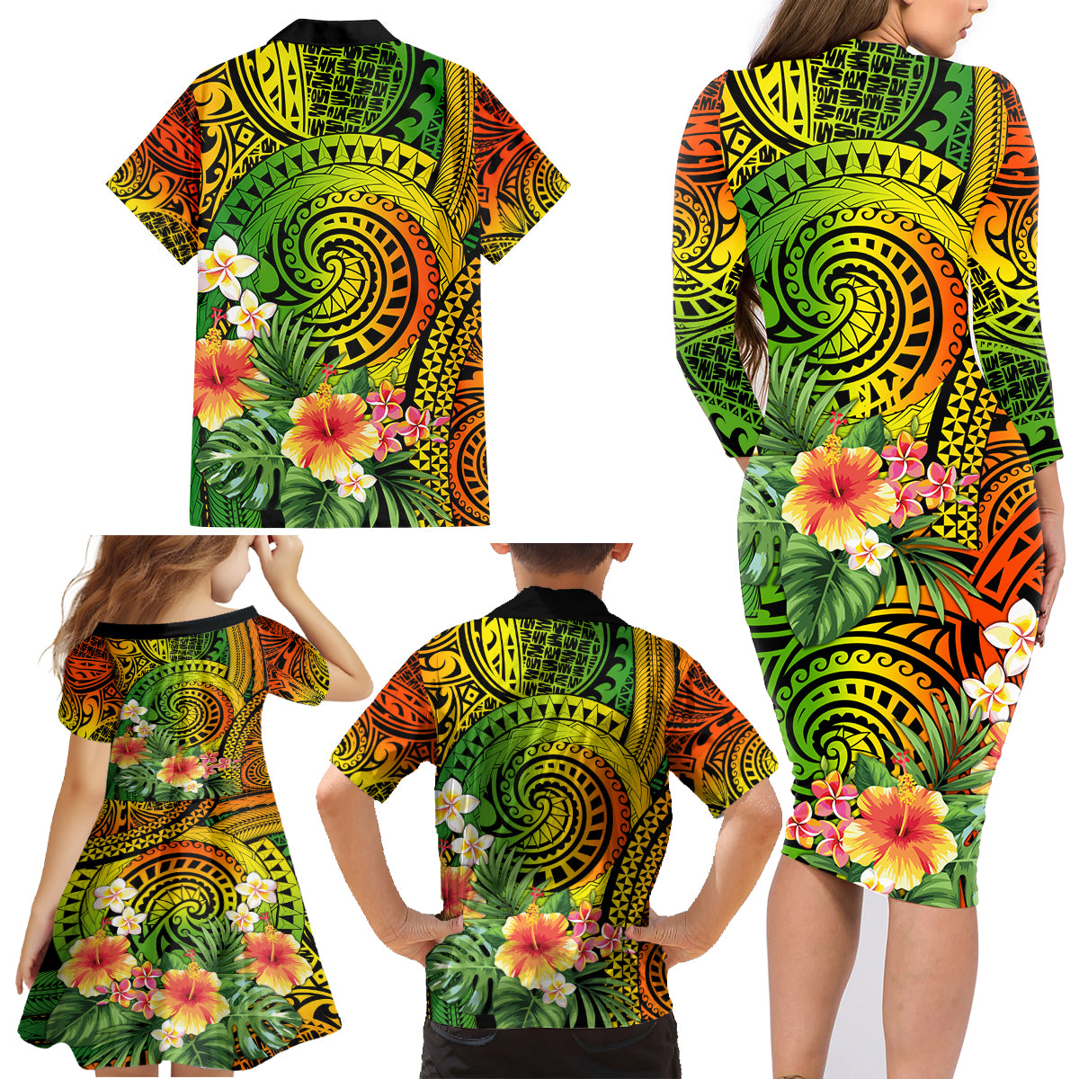 Polynesia Family Matching Long Sleeve Bodycon Dress and Hawaiian Shirt Pasifika Tribal with Tropical Flowers LT9 - Wonder Print Shop