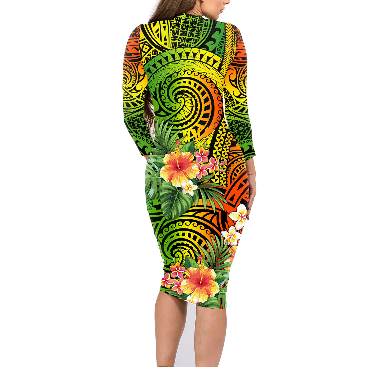 Polynesia Family Matching Long Sleeve Bodycon Dress and Hawaiian Shirt Pasifika Tribal with Tropical Flowers LT9 - Wonder Print Shop