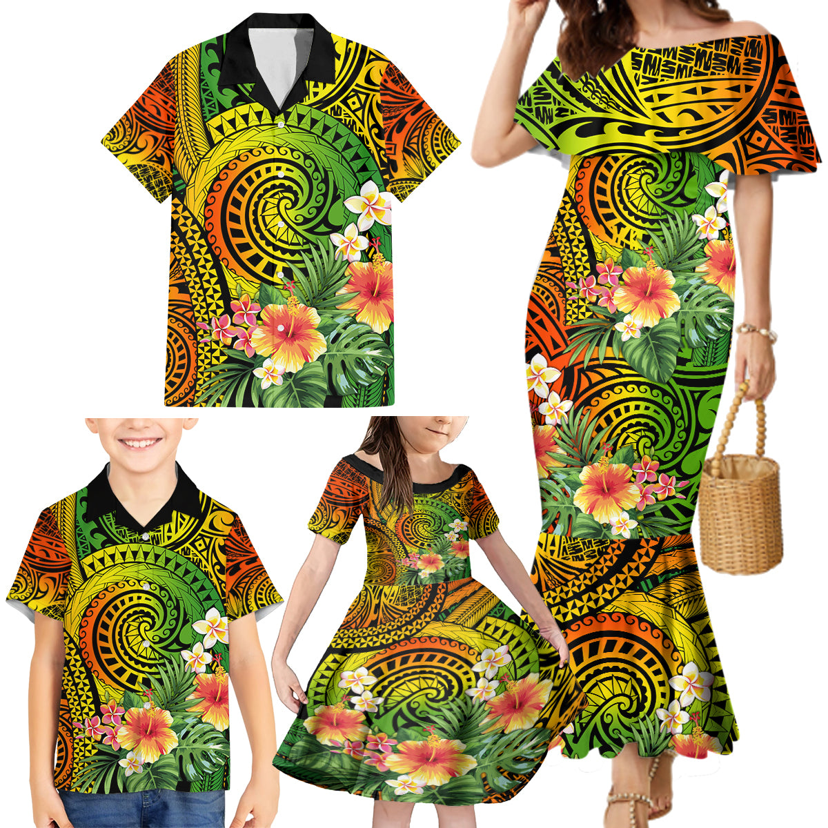 Polynesia Family Matching Mermaid Dress and Hawaiian Shirt Pasifika Tribal with Tropical Flowers LT9 - Wonder Print Shop