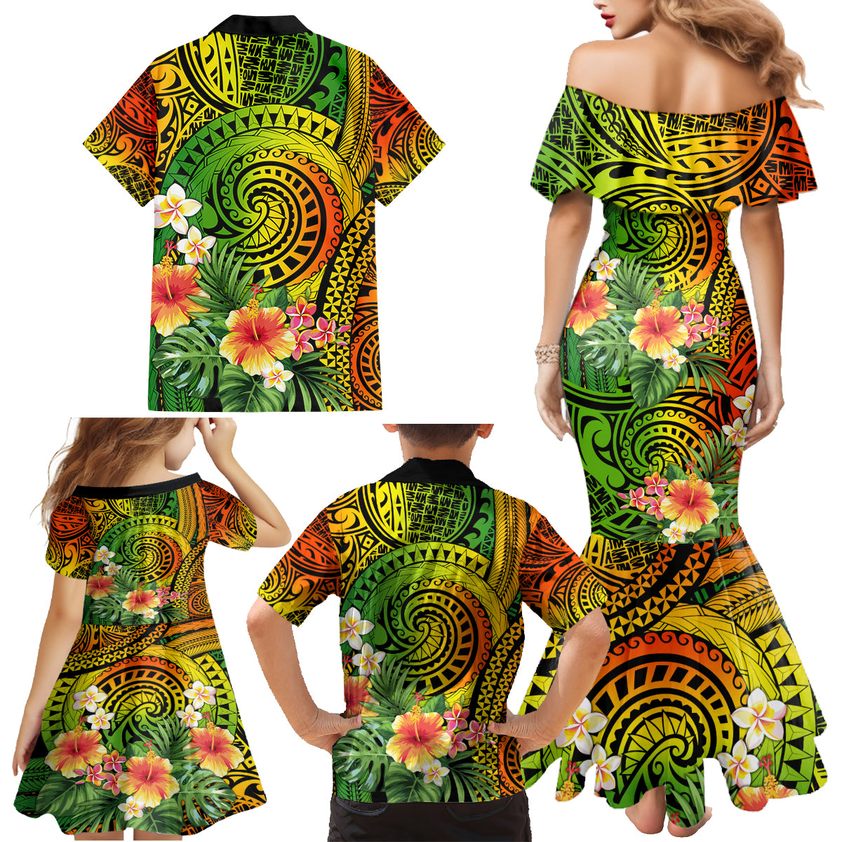 Polynesia Family Matching Mermaid Dress and Hawaiian Shirt Pasifika Tribal with Tropical Flowers LT9 - Wonder Print Shop