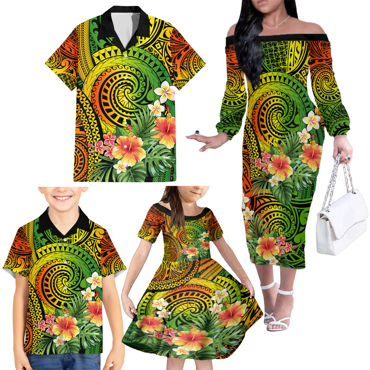 Polynesia Family Matching Off Shoulder Long Sleeve Dress and Hawaiian Shirt Pasifika Tribal with Tropical Flowers - Wonder Print Shop