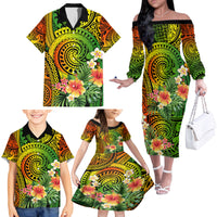 Polynesia Family Matching Off Shoulder Long Sleeve Dress and Hawaiian Shirt Pasifika Tribal with Tropical Flowers - Wonder Print Shop