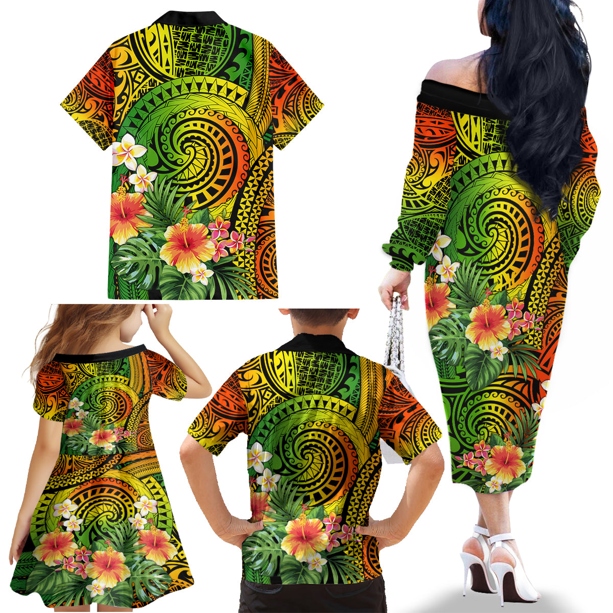 Polynesia Family Matching Off Shoulder Long Sleeve Dress and Hawaiian Shirt Pasifika Tribal with Tropical Flowers - Wonder Print Shop