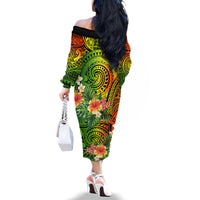 Polynesia Family Matching Off Shoulder Long Sleeve Dress and Hawaiian Shirt Pasifika Tribal with Tropical Flowers - Wonder Print Shop