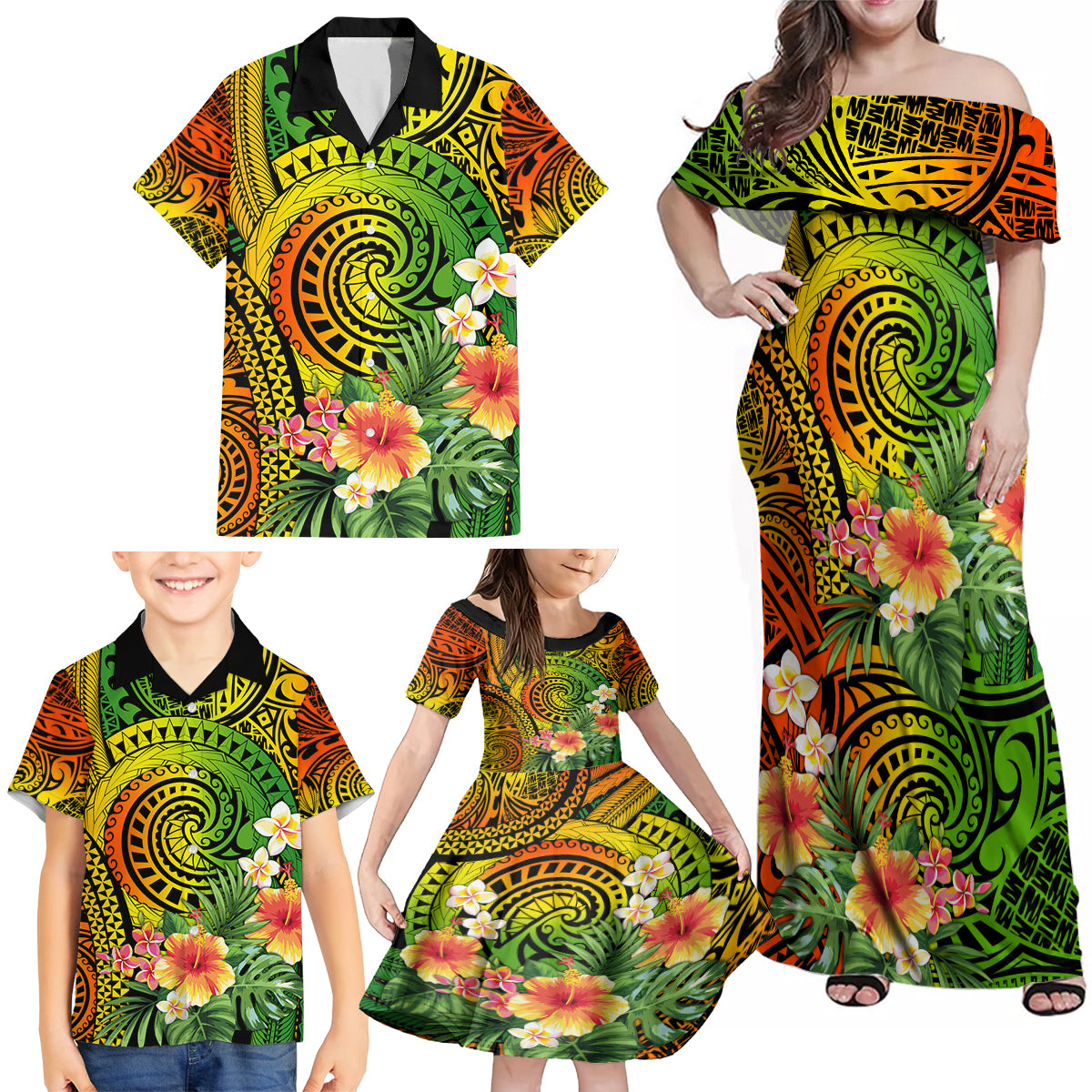 Polynesia Family Matching Off Shoulder Maxi Dress and Hawaiian Shirt Pasifika Tribal with Tropical Flowers LT9 - Wonder Print Shop