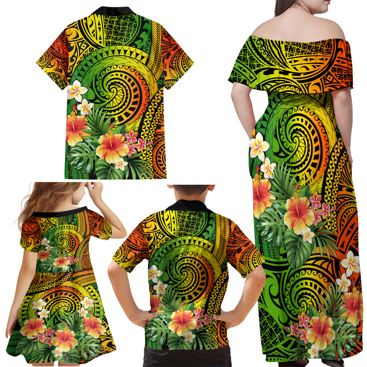 Polynesia Family Matching Off Shoulder Maxi Dress and Hawaiian Shirt Pasifika Tribal with Tropical Flowers LT9 - Wonder Print Shop