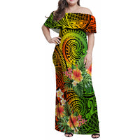 Polynesia Family Matching Off Shoulder Maxi Dress and Hawaiian Shirt Pasifika Tribal with Tropical Flowers LT9 - Wonder Print Shop