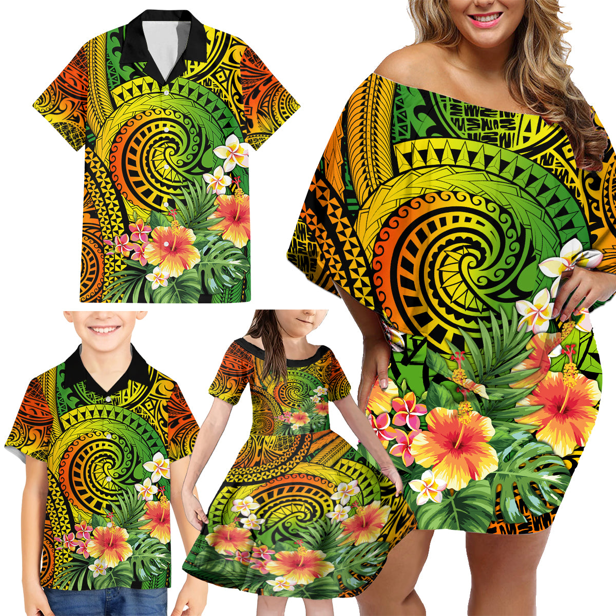Polynesia Family Matching Off Shoulder Short Dress and Hawaiian Shirt Pasifika Tribal with Tropical Flowers LT9 - Wonder Print Shop