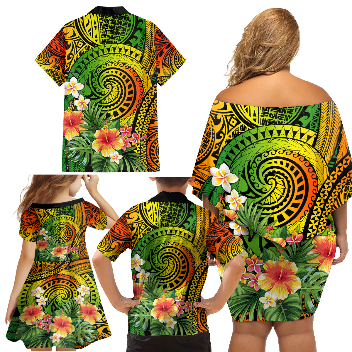 Polynesia Family Matching Off Shoulder Short Dress and Hawaiian Shirt Pasifika Tribal with Tropical Flowers LT9 - Wonder Print Shop