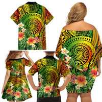 Polynesia Family Matching Off Shoulder Short Dress and Hawaiian Shirt Pasifika Tribal with Tropical Flowers LT9 - Wonder Print Shop