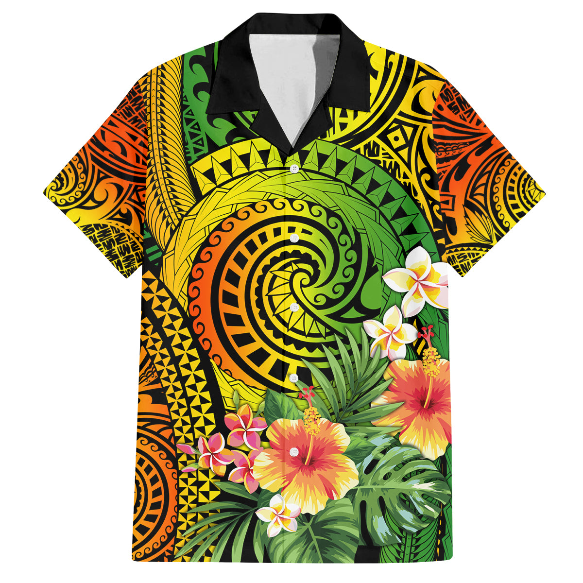 Polynesia Family Matching Off Shoulder Short Dress and Hawaiian Shirt Pasifika Tribal with Tropical Flowers LT9 - Wonder Print Shop
