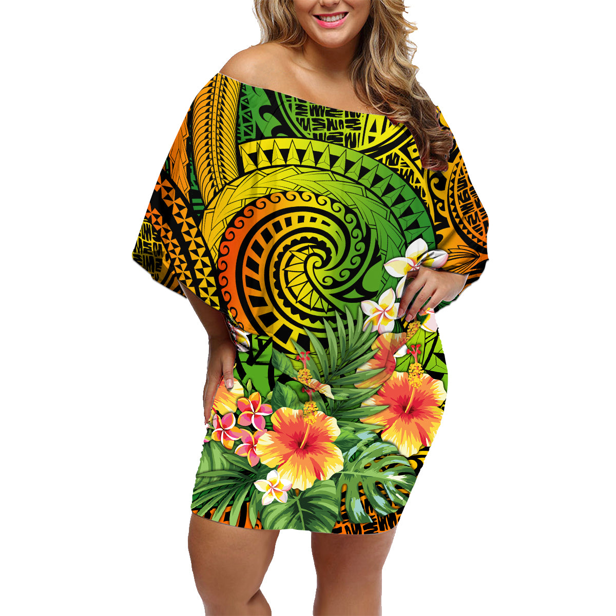 Polynesia Family Matching Off Shoulder Short Dress and Hawaiian Shirt Pasifika Tribal with Tropical Flowers LT9 - Wonder Print Shop