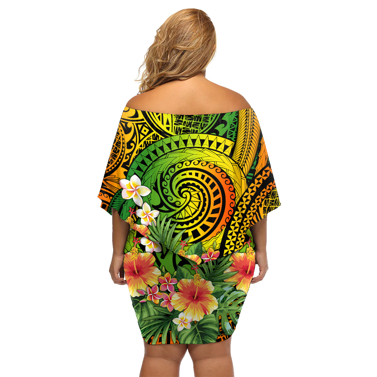 Polynesia Family Matching Off Shoulder Short Dress and Hawaiian Shirt Pasifika Tribal with Tropical Flowers LT9 - Wonder Print Shop